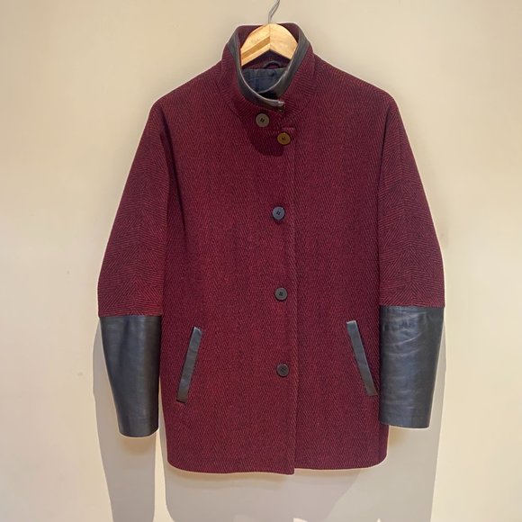 Danier Car Coat, Size 2XS, Burgundy and Black Stripes - Picture 1 of 6